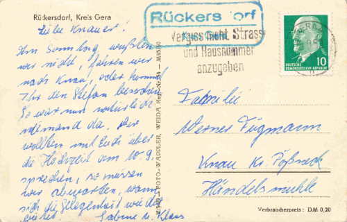 07580 Rueckersdorf Thueringen Landpoststempel Rueckersdorf Kreis Gera o um 1963