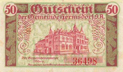 07629 Hermsdorf S.A. Thüringen Notgeldschein um 1920