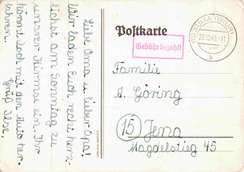 07819 Triptis Liedkarte Gebühr bezahlt Stempel o 1945