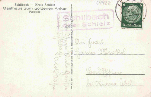 07922 Schilbach Tanna "Zum Goldenen Anker" Inn, rural postmark via Schleiz, 1940.