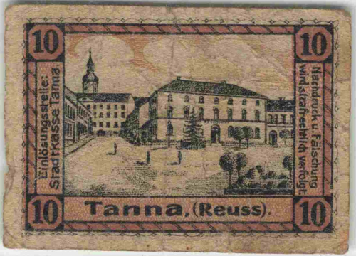 07922 Tanna, Thuringia: 10 Pfennig emergency money note, 1920