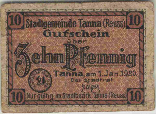 07922 Tanna, Thuringia: 10 Pfennig emergency money note, 1920