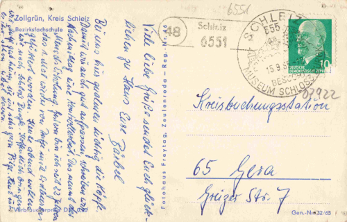 07922 Zollgrün Tanna District Vocational School, rural postmark 48 Schleiz, 1965
