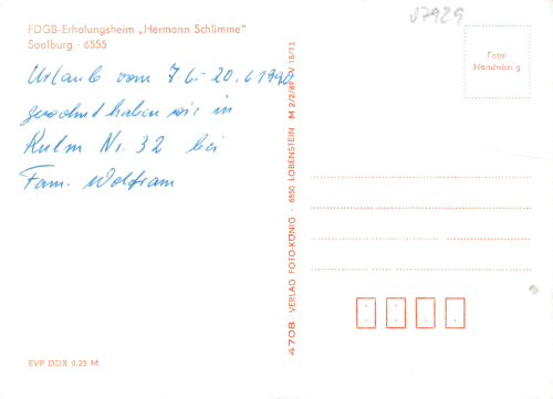 07920 Saalburg Thüringen FDGB Erholungsheim "Hermann Schlimme" gebraucht 1990