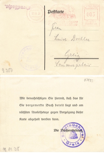 07973 Greiz  Absenderfreistempel o 12.11.1939 auf Karte