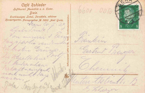 07973 Neumühle Elster Cafe Rohleder Diele o 1929
