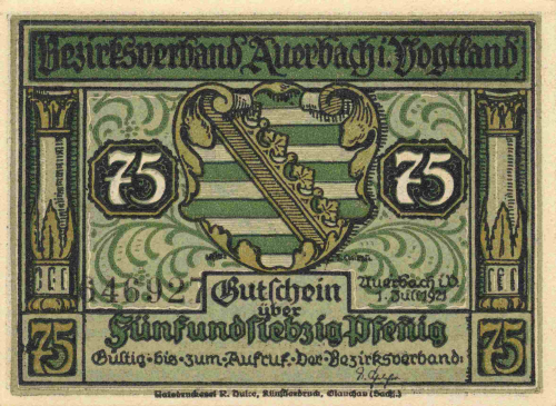 08209 Auerbach Notgeld 75 Pfennige 1921