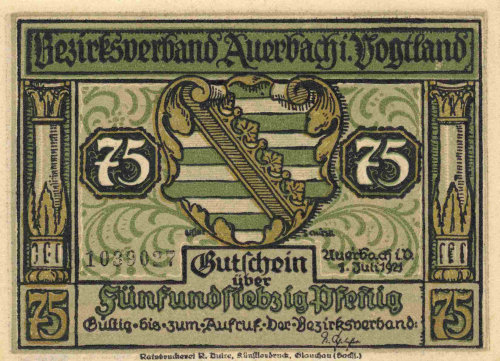 08209 Auerbach Notgeld 75 Pfennige 1921