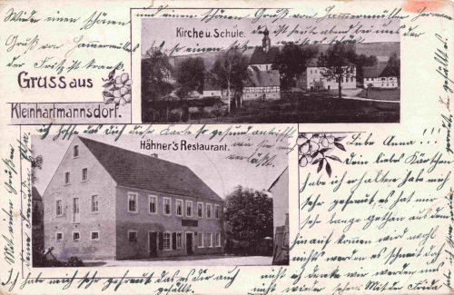09575 Kleinhartmannsdorf Hähners Restaurant Kirche und Schule o 1908
