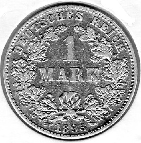 1 Mark 1893 J German Empire Silver Coin