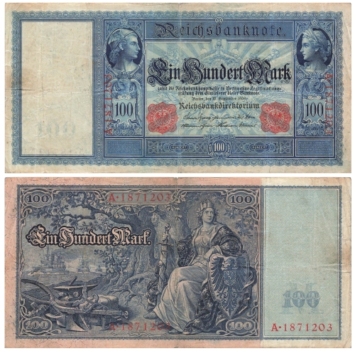 100 Mark Reichsbanknote 7. Februar 1908100 Mark Reichsbanknote 10. September 1909