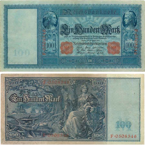 100 Mark Reichsbanknote 7. Februar 1908100 Mark Reichsbanknote 21. April 1910