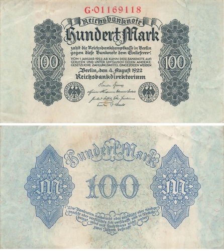 100 Mark Reichsbanknote 4. August 1922 RO72 DEU-83