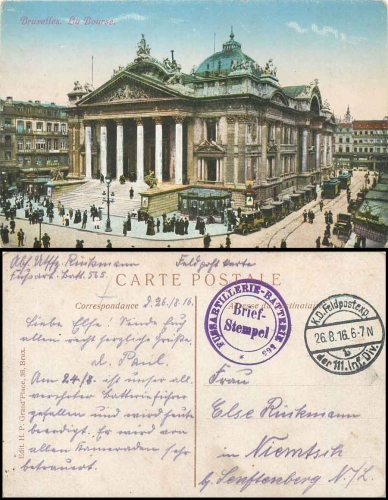 111th Infantry Division Foot Artillery Battery 565 Feldpostexpedition 26.8.1916 on AK Bruxelles