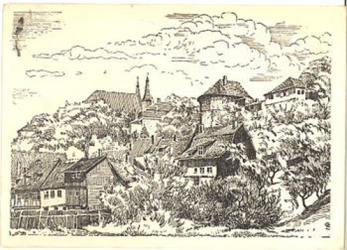 99734 Nordhausen old town wall with cathedral artist card Schneider o 30.12.1948
