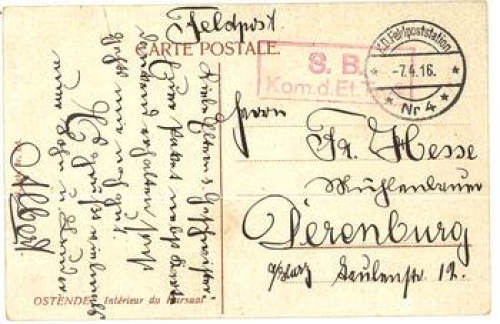 Ostende Kursaal, Feldpoststempel S.B. Kom.d.Et.Tr.4  o 7.4.1916