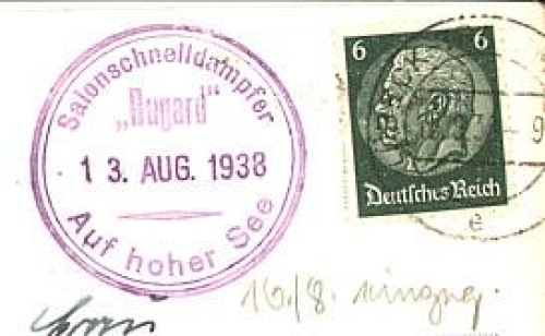 Salonschnelldampfer "Rugard" Bordstempel auf Kobenhavn AK, o 15.8.1938