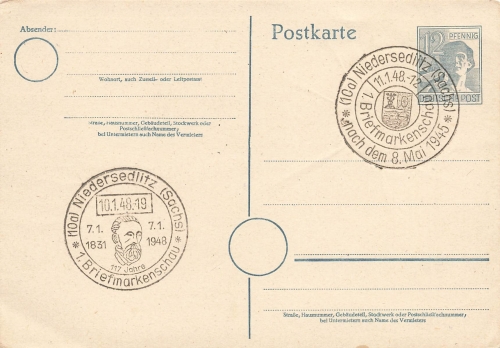 12 Pfennig postal stationery with special cancellation Niedersedlitz stamp show January 10, 1948