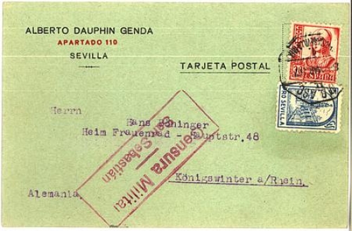 Censorship mail, stamp: Censura Militar San Sebastian o 3.3.1937