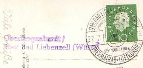 75328 Oberrlengenhardt post office stamp on postcard Schwarzwaldmädel o 22.7.1959