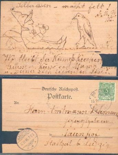 Wooden card with dwarf and bird o November 15, 1896