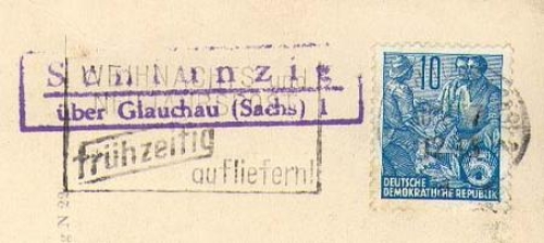 08371 Schlanzig via Glauchau post office postmark on kitsch postcard o 30.12.1957