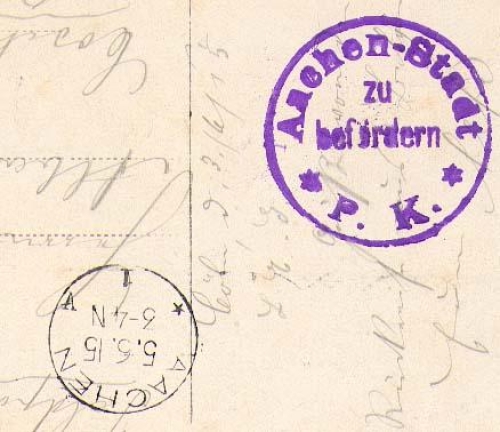 Cologne with Rhine steamers censor stamp Aachen city to transport P.K. 06/05/1915