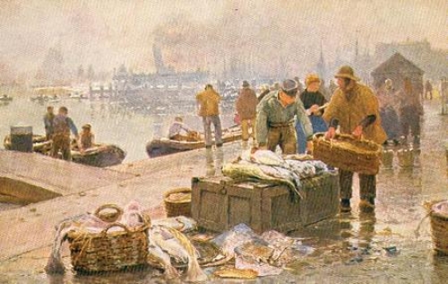 Senftenberger Kronen briquette advertising card Series XVIII Fish Market Amsterdam * ca. 1920