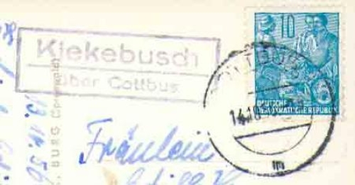 03058 Kiekebusch post office stamp on AK Burg, October 14th, 1956