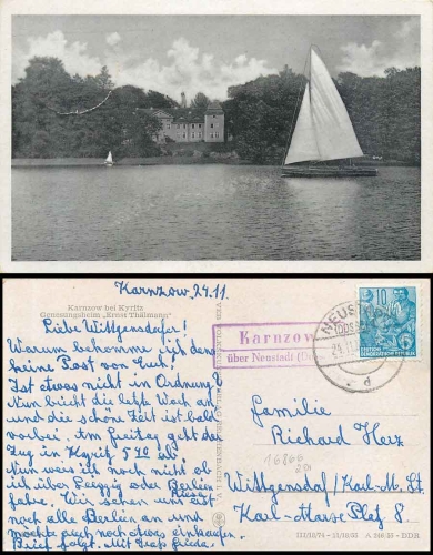 16866 Karnzow via Neustadt (Dosse) country postmark Gensungsheim o 24.11.1956