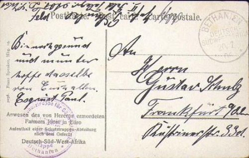 Etiro stay stage stamp Bethanien o 20.7.1906 property of the farmer Joost murdered by hereros