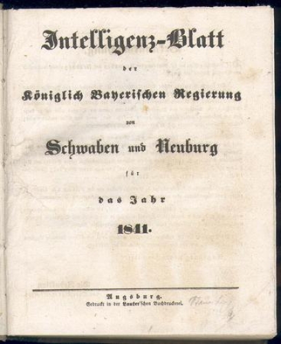 Intelligence sheet of the Royal Bavarian Government of Swabia and Neuburg 1841