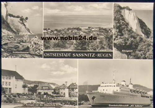 18546 Sassnitz Rugen multi-image large card approx. A5, used. 1975 with the railway ferry MS Sassnitz