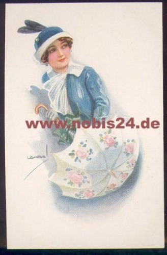 Frau mit Schirm Künstlerkarte sig. USABA *ca. 1920