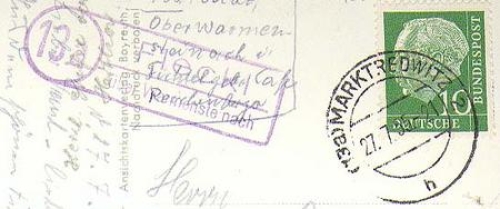 95485 Fleckl post office stamp on AK WArmensteinach, 07/27/1955