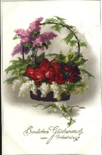 Rosen in Korb mit weißen und violetten Flieder o 5.6.1917