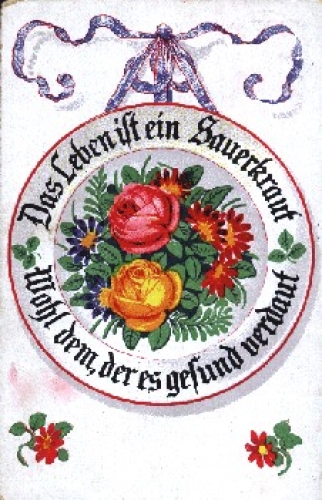 Rose in yellow and red with other flowers arranged as a medal, o 3.4.1918