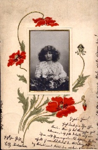Poppy with picture of a child Art Nouveau embossed card o 14.4.1895
