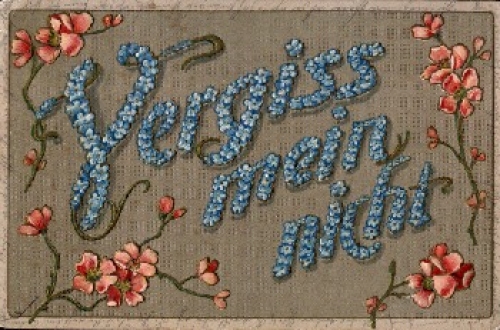 Forget-me-not written as words Embossed card o 30.6.1910 Bahnpost Erfurt - ...hausen train 280