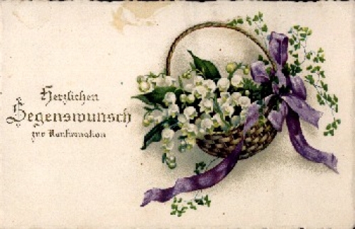 Maiglöckchen in Korb mit violetter Schleife gebr. ca. 1910