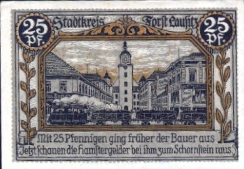03149 Forst, Städte-Notgeld, 25 Pfg., Dampfzug, Eisenbahn, 1921
