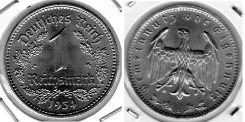 1934 A 1 Reichsmark Vz-Brilliant Uncirculated