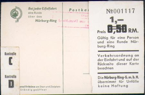 Nürburgring Künstlerkarte sig. mit Stempel Grosser Preis 1939 ​​​​​​​mit Gebühren Marke für eine Fahrrunde, *