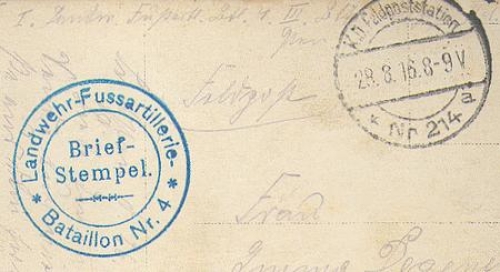 Landwehr Foot Artillery Battalion No. 4 field postmark on postcard o 28.8.1916