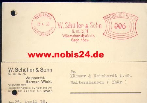 Wuppertal Schüller & Sohn Wäschebandfabrik Absenderfreistempel  o 25.4.1938