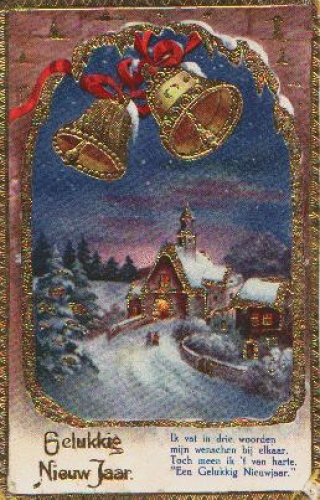 Christmas, bells gold cut postcard o 1938