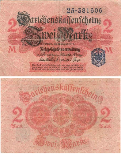 2 Mark Darlehenskassenschein 12. August 1914  Rosenberg 52c