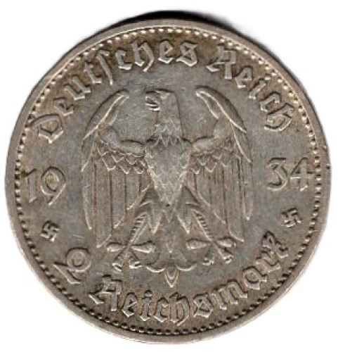 2 Reichsmark 1934 D Garnisonskirche mit Datum Deutsche Reich Silbermünze