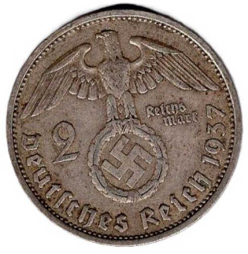 2 Reichsmark 1937 F Hindenburg Deutsches Reich Silbermünze 