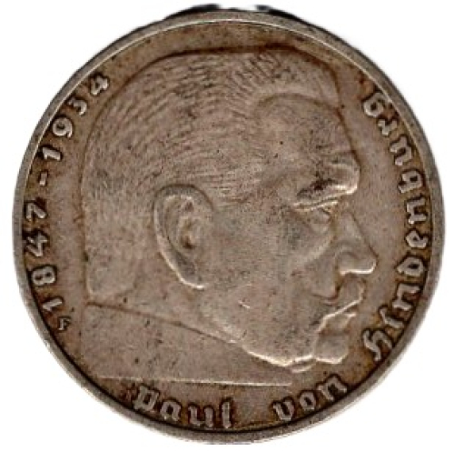 2 Reichsmark 1937 F Hindenburg Deutsches Reich Silbermünze 